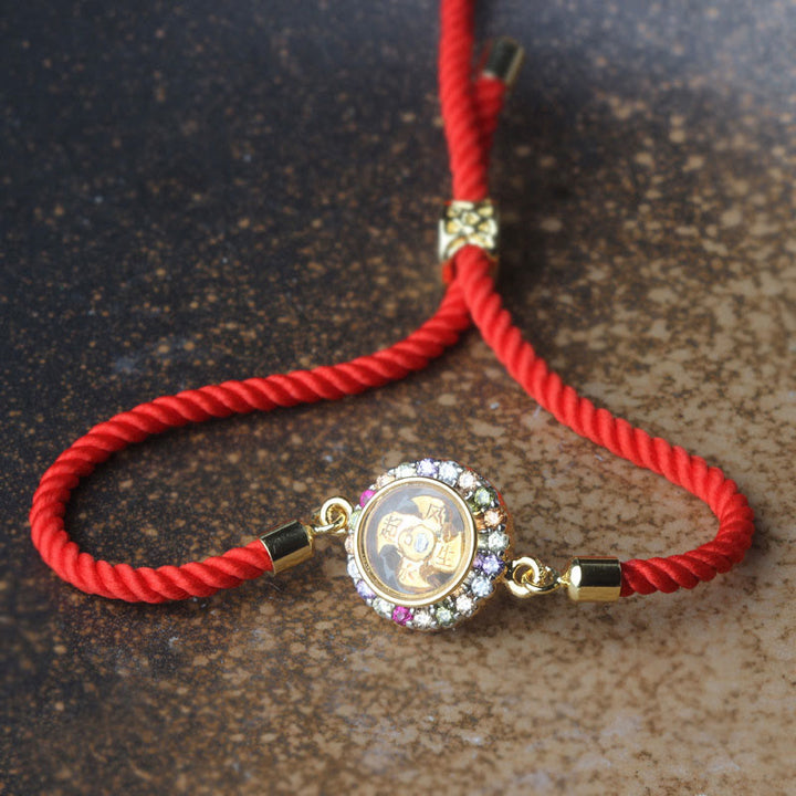 Pulsera trenzada con hilo rojo y Buddha Stones, color cobre y latón, molino de viento giratorio, Feng Sheng Shui, Qi Fu