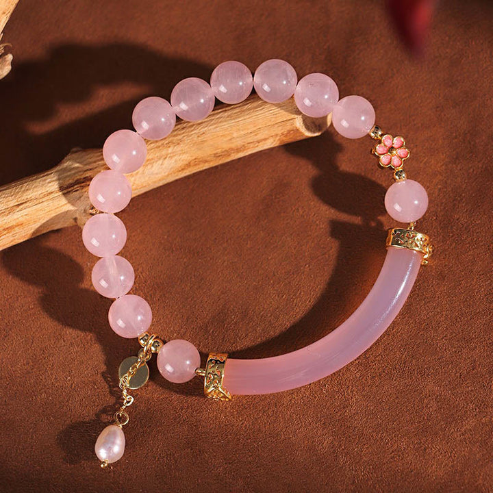 Brazalete tipo brazalete con Buddha Stones, cristal rosa, calcedonia azul y perla