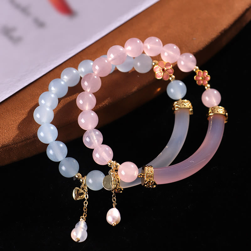 Brazalete tipo brazalete con Buddha Stones, cristal rosa, calcedonia azul y perla