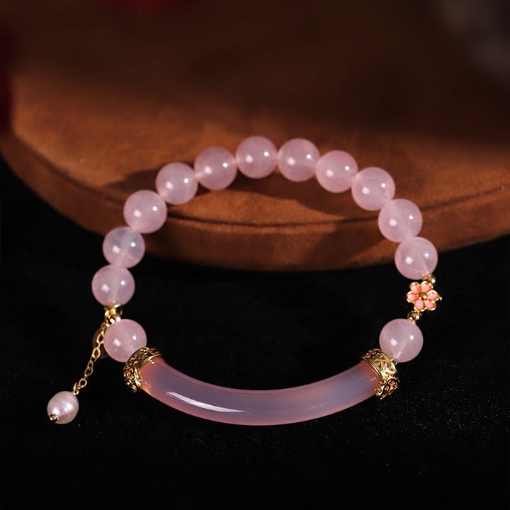 Brazalete tipo brazalete con Buddha Stones, cristal rosa, calcedonia azul y perla
