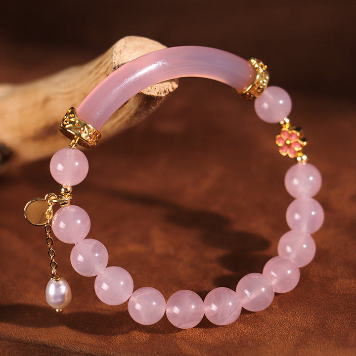 Brazalete tipo brazalete con Buddha Stones, cristal rosa, calcedonia azul y perla