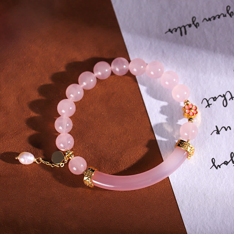 Brazalete tipo brazalete con Buddha Stones, cristal rosa, calcedonia azul y perla