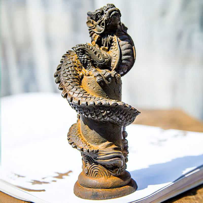 Estatua de resina fundida con óxido de hierro y polvo de Buddha Stones hecha a mano con forma de dragón volador alrededor del pilar para decoración del hogar - image 8