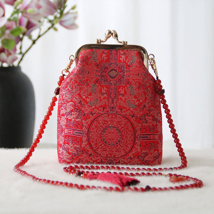 Bolso bandolera con cadena de perlas y bordado chino retro con Buddha Stones - Bordado de flores rojas 14*6*18cm - image 11