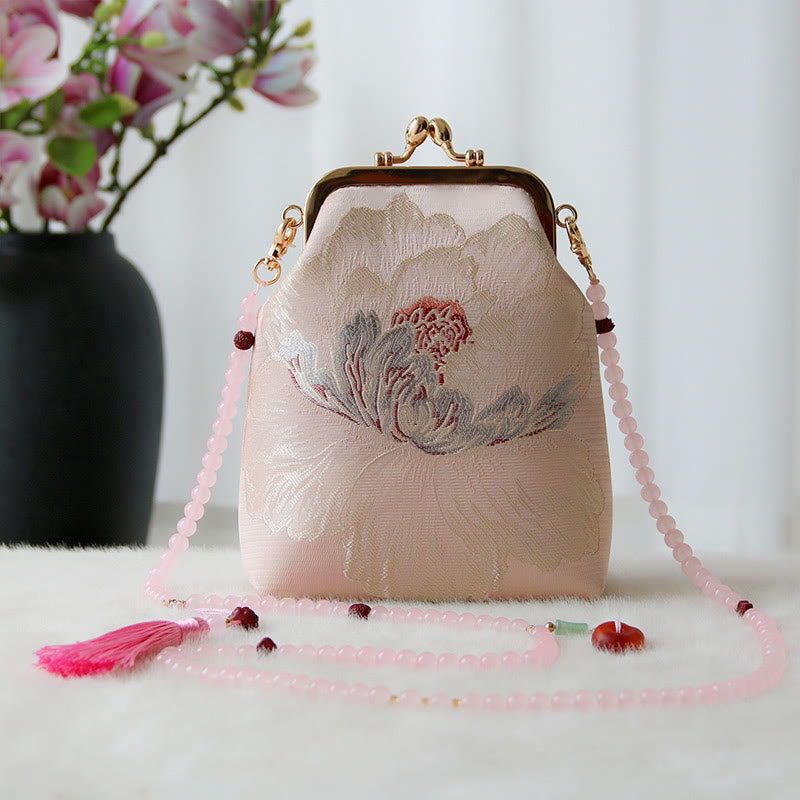 Bolso bandolera con cadena de perlas y bordado chino retro con Buddha Stones - Flor rosa 14*6*18cm - image 12
