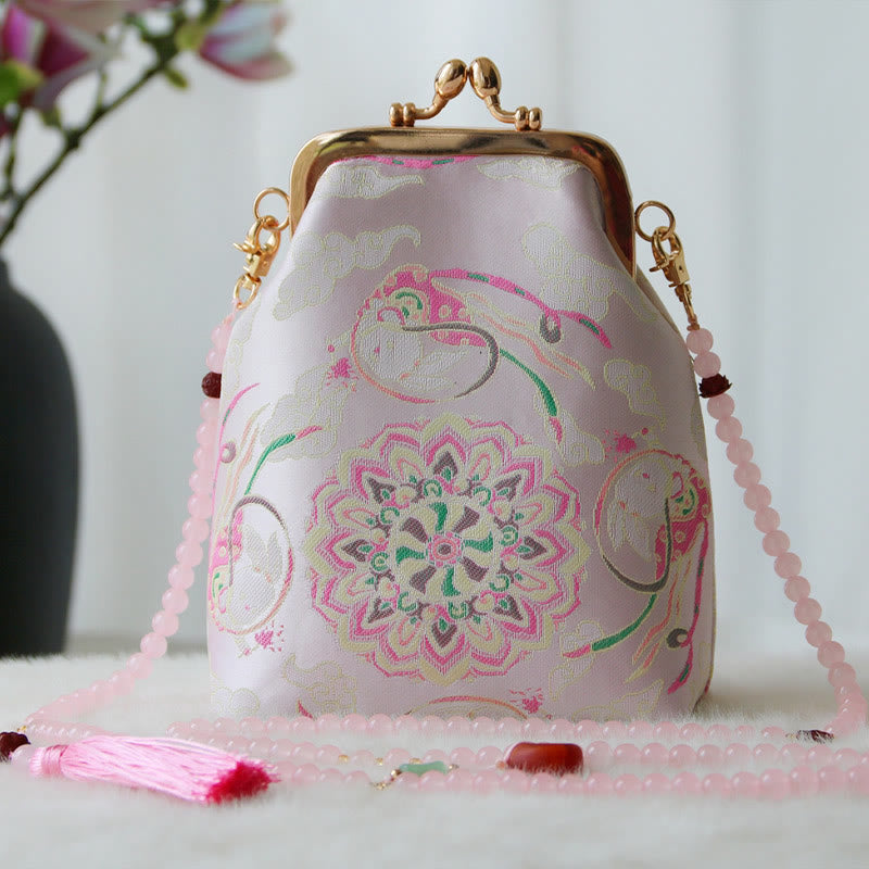 Bolso bandolera con cadena de perlas y bordado chino retro con Buddha Stones - Mandala rosa 14*6*18cm - image 15