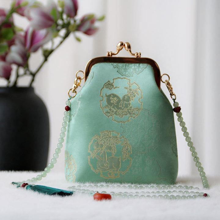 Bolso bandolera con cadena de perlas y bordado chino retro con Buddha Stones - Conejo mediano verde primavera 14*6*18 cm - image 20