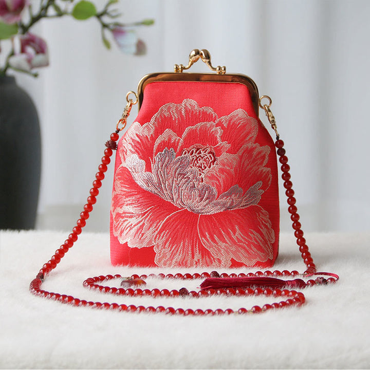 Bolso bandolera con cadena de perlas y bordado chino retro con Buddha Stones - Flor roja grande 14*6*18cm - image 29