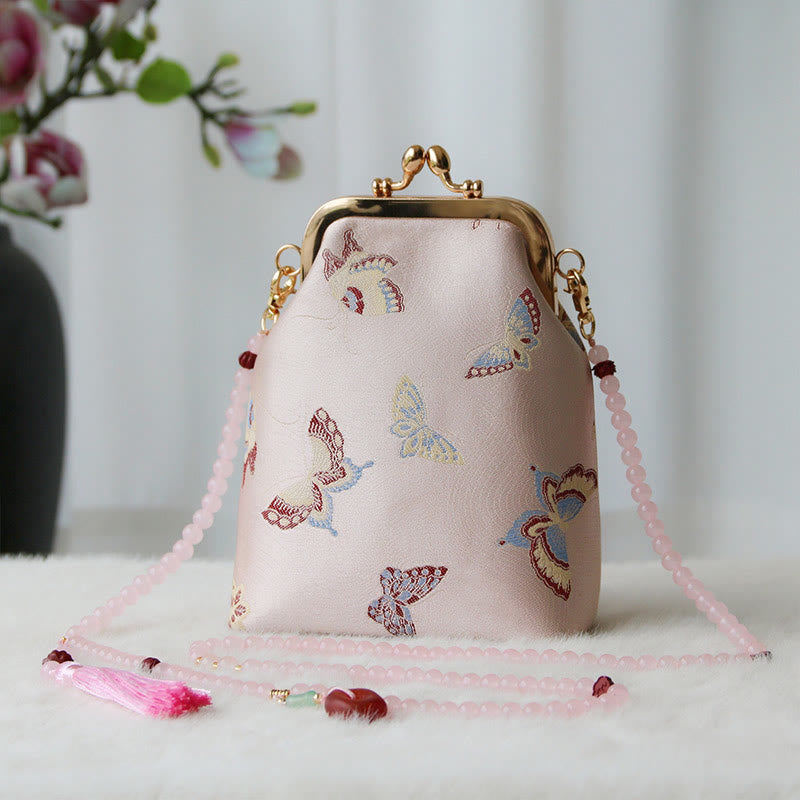 Bolso bandolera con cadena de perlas y bordado chino retro con Buddha Stones - Mariposa rosa 14*6*18cm - image 30