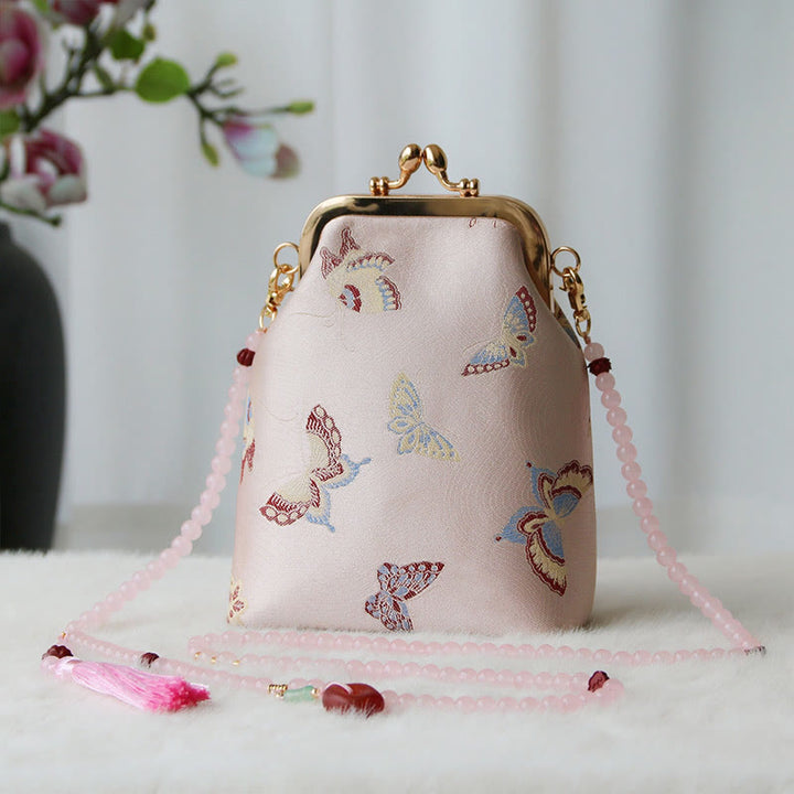 Bolso bandolera con cadena de perlas y bordado chino retro con Buddha Stones - Mariposa rosa 14*6*18cm - image 30