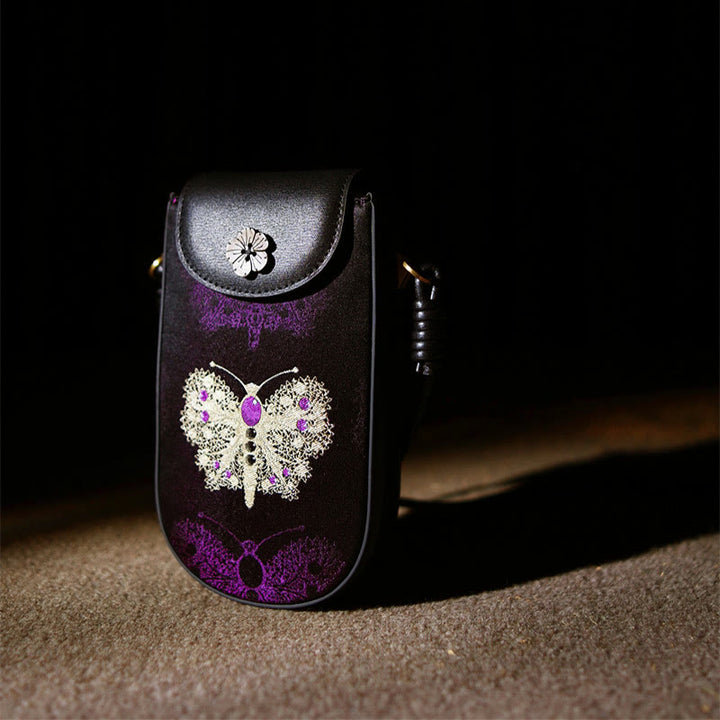 Bolso de hombro con brocado y hojas de mariposa, flores, ramas y hojas de Buddha Stones