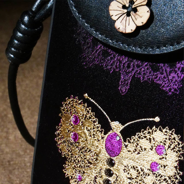 Bolso de hombro con brocado y hojas de mariposa, flores, ramas y hojas de Buddha Stones