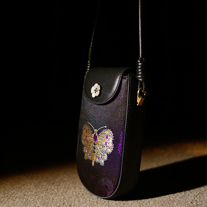 Bolso de hombro con brocado y hojas de mariposa, flores, ramas y hojas de Buddha Stones