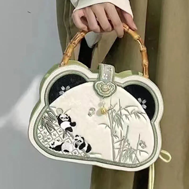 Bolso bandolera con borlas y nudo chino, cadena de perlas bordada con bambú y Buddha Stones y panda