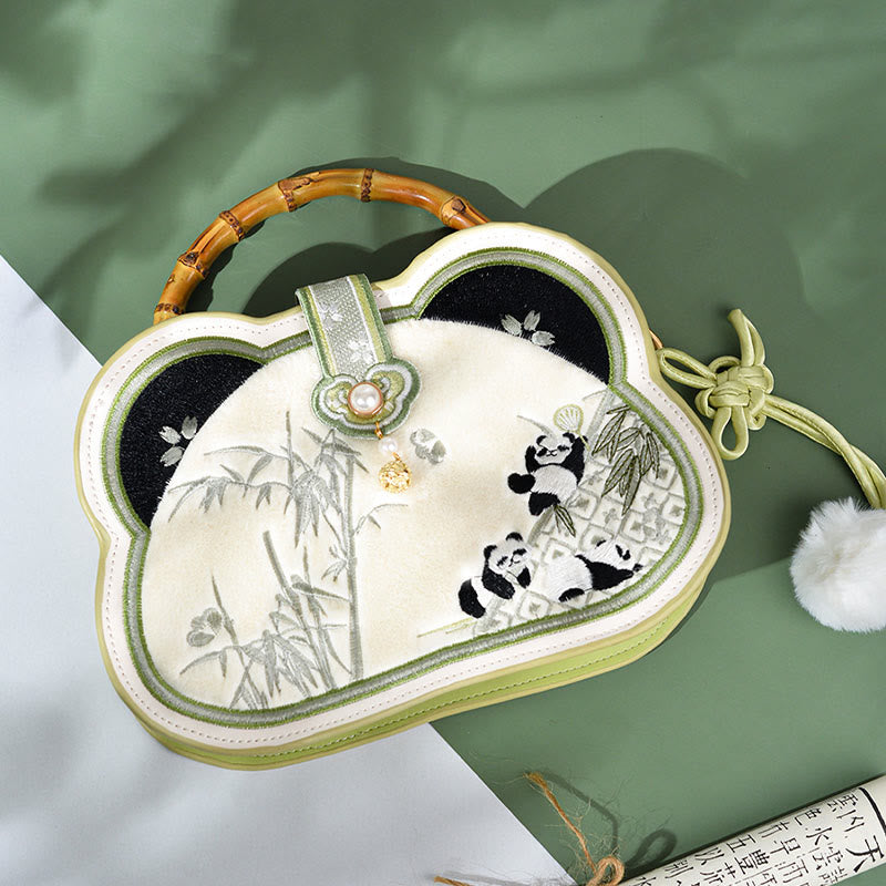 Bolso bandolera con borlas y nudo chino, cadena de perlas bordada con bambú y Buddha Stones y panda