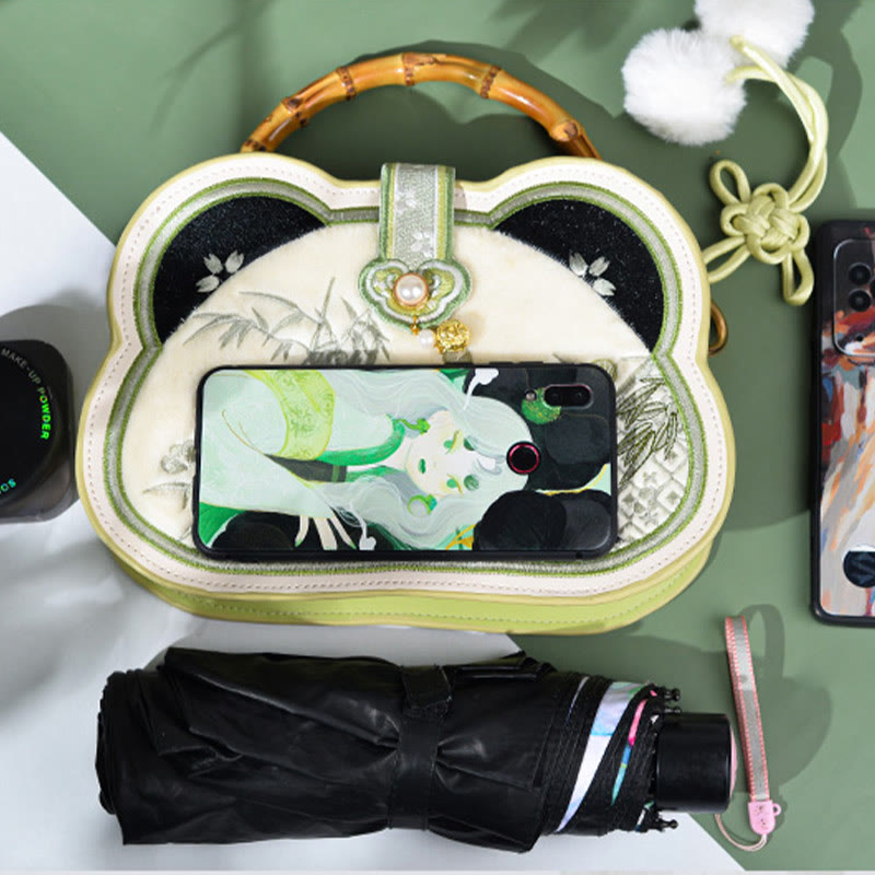 Bolso bandolera con borlas y nudo chino, cadena de perlas bordada con bambú y Buddha Stones y panda