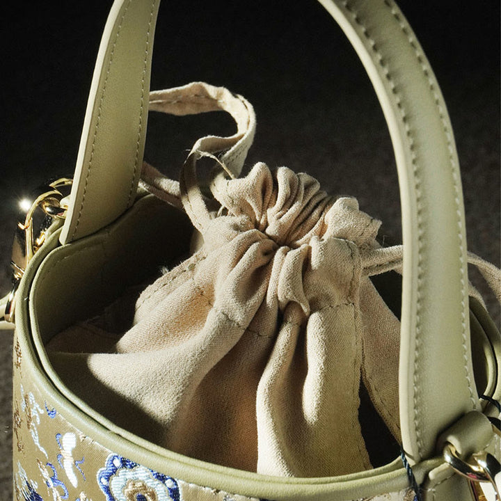 Bolso bandolera con brocado y diseño de ciervo, grulla y Buddha Stones