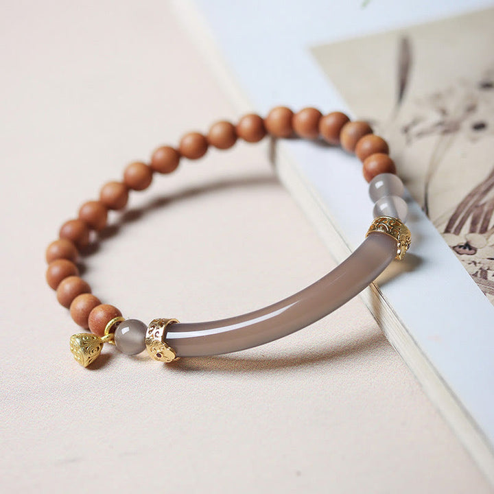 Brazalete tipo brazalete con Buddha Stones, sándalo, ágata gris y calcedonia
