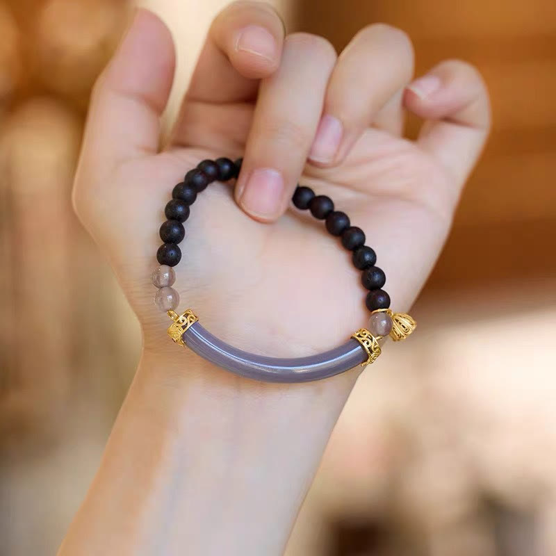 Brazalete tipo brazalete con Buddha Stones, sándalo, ágata gris y calcedonia