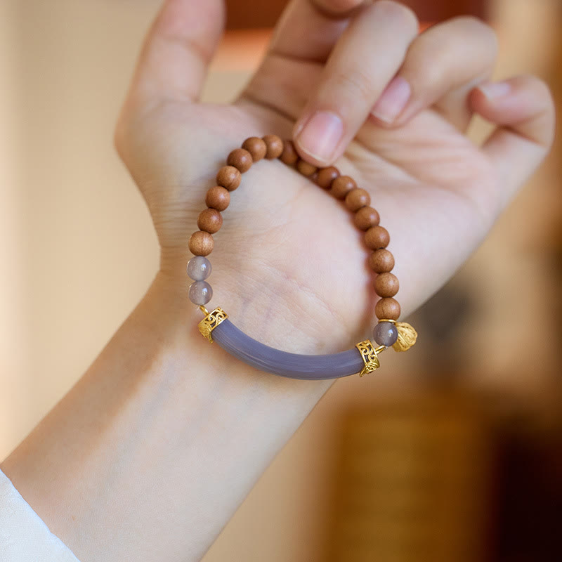 Brazalete tipo brazalete con Buddha Stones, sándalo, ágata gris y calcedonia