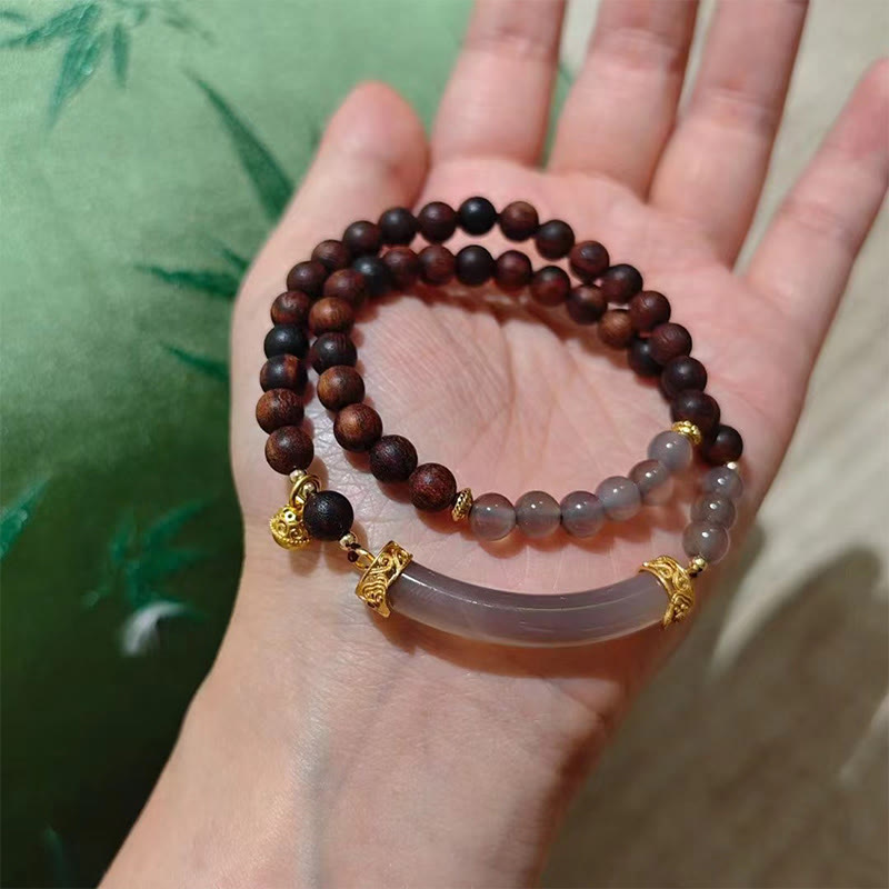 Brazalete tipo brazalete con Buddha Stones, sándalo, ágata gris y calcedonia