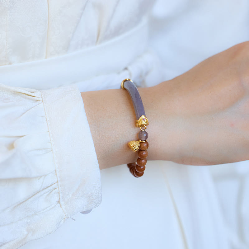 Brazalete tipo brazalete con Buddha Stones, sándalo, ágata gris y calcedonia