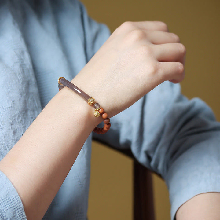 Brazalete tipo brazalete con Buddha Stones, sándalo, ágata gris y calcedonia