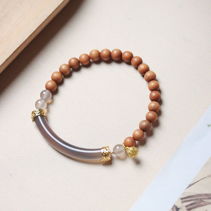 Brazalete tipo brazalete con Buddha Stones, sándalo, ágata gris y calcedonia