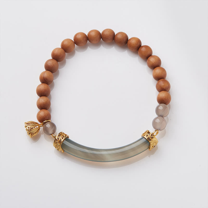 Brazalete tipo brazalete con Buddha Stones, sándalo, ágata gris y calcedonia