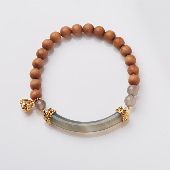 Brazalete tipo brazalete con Buddha Stones, sándalo, ágata gris y calcedonia