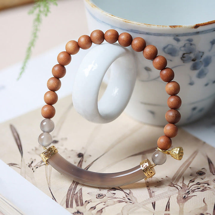 Brazalete tipo brazalete con Buddha Stones, sándalo, ágata gris y calcedonia