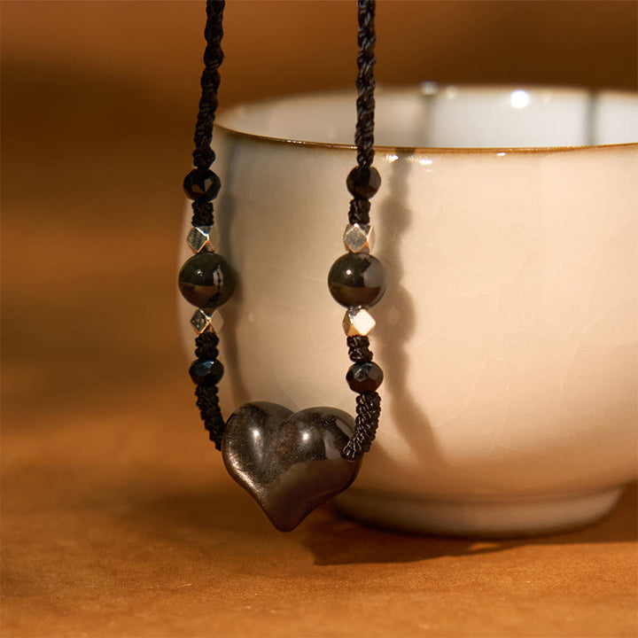 Collar con colgante de obsidiana natural con piedras de Buddha Stones y protección del corazón