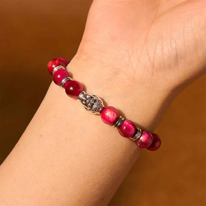 Pulsera de equilibrio con cabeza de Buda y ojo de tigre azul, verde y rojo con Buddha Stones