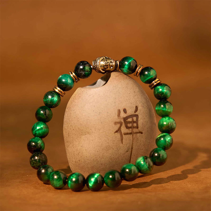 Pulsera de equilibrio con cabeza de Buda y ojo de tigre azul, verde y rojo con Buddha Stones