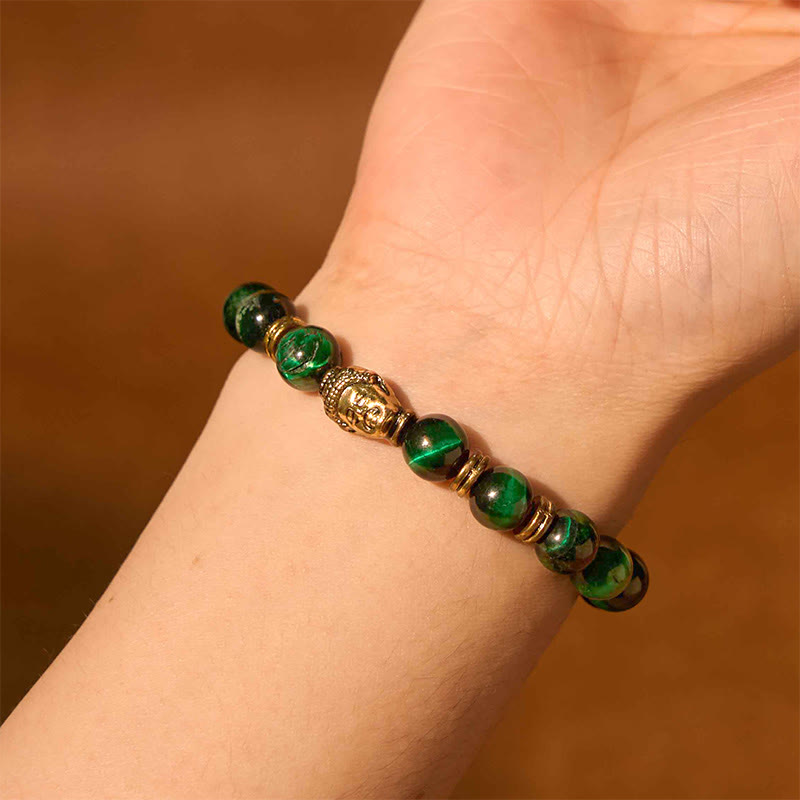Pulsera de equilibrio con cabeza de Buda y ojo de tigre azul, verde y rojo con Buddha Stones