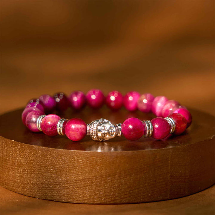 Pulsera de equilibrio con cabeza de Buda y ojo de tigre azul, verde y rojo con Buddha Stones