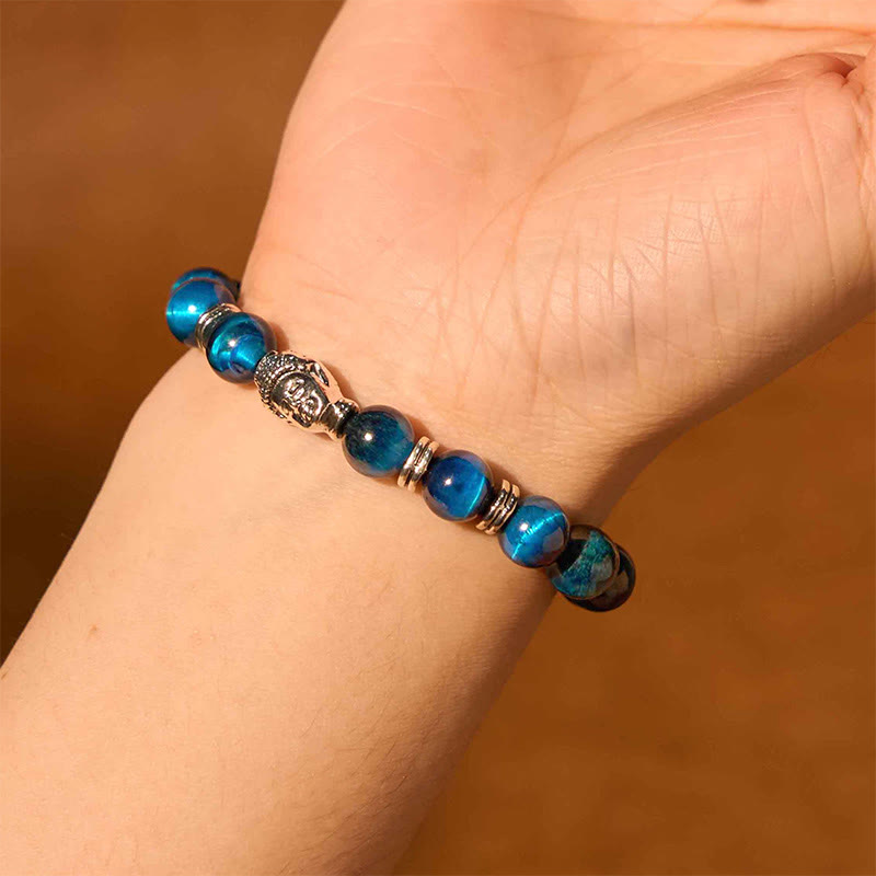 Pulsera de equilibrio con cabeza de Buda y ojo de tigre azul, verde y rojo con Buddha Stones