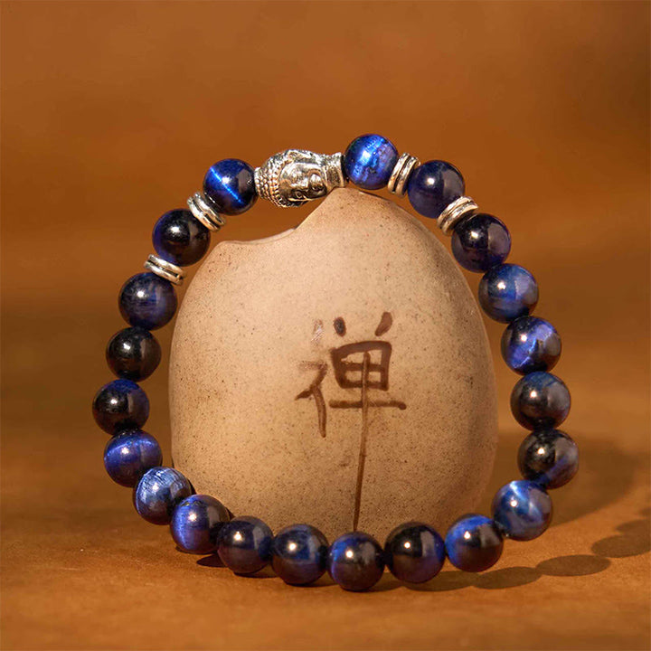 Pulsera de equilibrio con cabeza de Buda y ojo de tigre azul, verde y rojo con Buddha Stones
