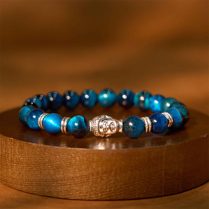 Pulsera de equilibrio con cabeza de Buda y ojo de tigre azul, verde y rojo con Buddha Stones