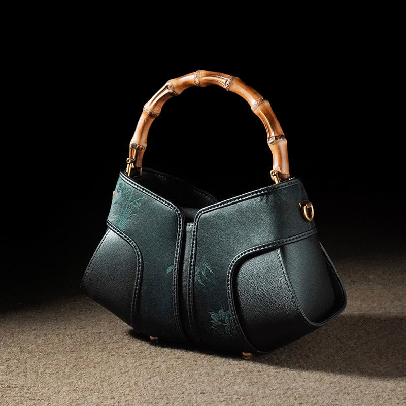Bolso bandolera de seda Xiangyunsha con brocado Song y asa de bambú con Buddha Stones