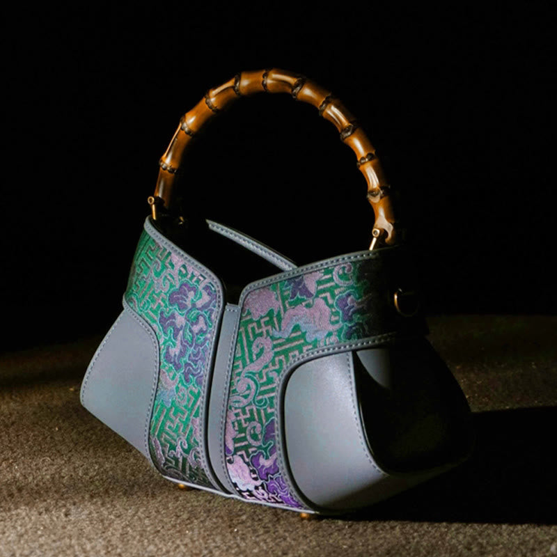 Bolso bandolera de seda Xiangyunsha con brocado Song y asa de bambú con Buddha Stones