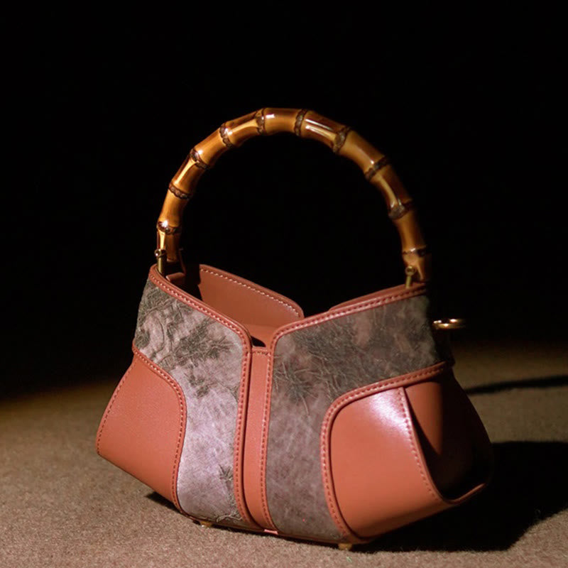 Bolso bandolera de seda Xiangyunsha con brocado Song y asa de bambú con Buddha Stones