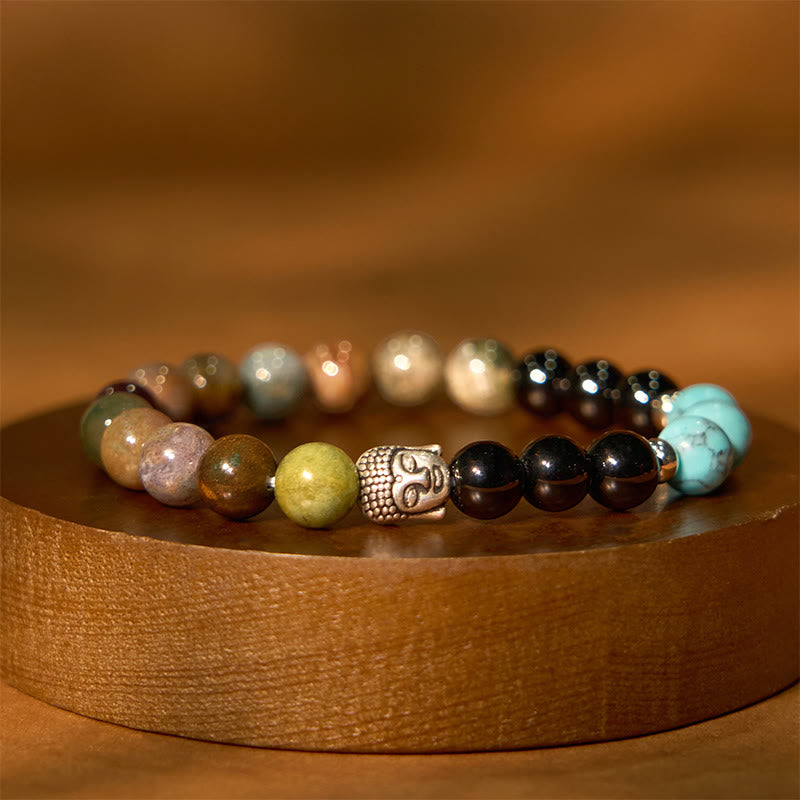 Pulsera de protección para cabeza de Buda de colores variados con Buddha Stones, ónix negro natural, piedra blanca, aventurina verde, ojo de tigre y ágata