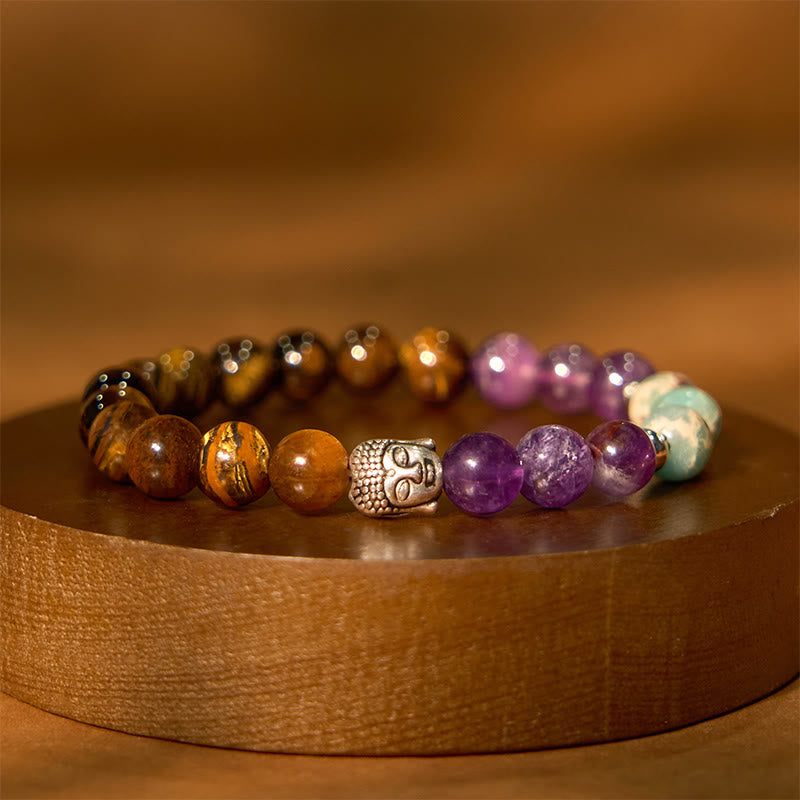 Pulsera de protección para cabeza de Buda de colores variados con Buddha Stones, ónix negro natural, piedra blanca, aventurina verde, ojo de tigre y ágata