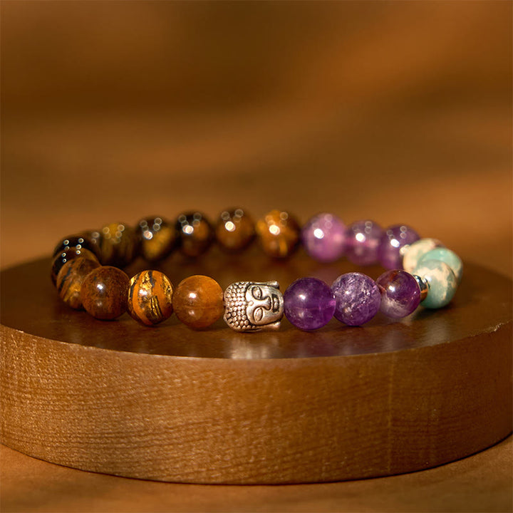 Pulsera de protección para cabeza de Buda de colores variados con Buddha Stones, ónix negro natural, piedra blanca, aventurina verde, ojo de tigre y ágata