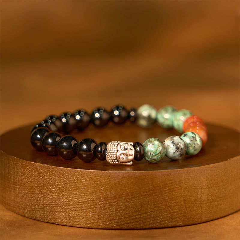Pulsera de protección para cabeza de Buda de colores variados con Buddha Stones, ónix negro natural, piedra blanca, aventurina verde, ojo de tigre y ágata