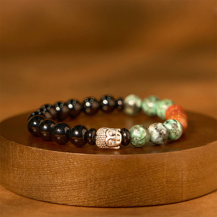 Pulsera de protección para cabeza de Buda de colores variados con Buddha Stones, ónix negro natural, piedra blanca, aventurina verde, ojo de tigre y ágata