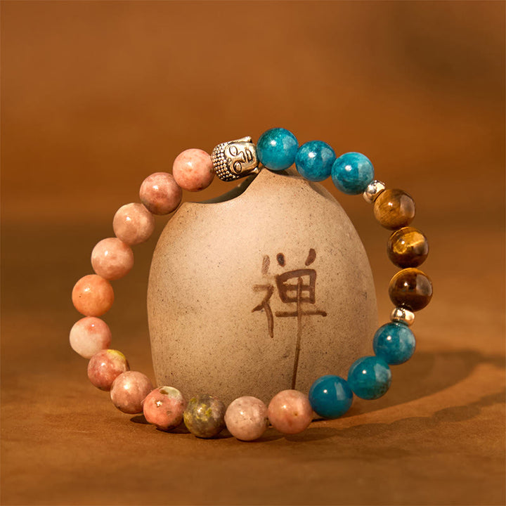 Pulsera de protección para cabeza de Buda de colores variados con Buddha Stones, ónix negro natural, piedra blanca, aventurina verde, ojo de tigre y ágata