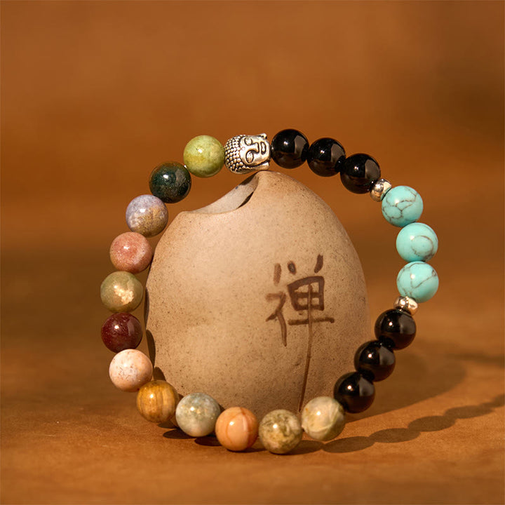 Pulsera de protección para cabeza de Buda de colores variados con Buddha Stones, ónix negro natural, piedra blanca, aventurina verde, ojo de tigre y ágata