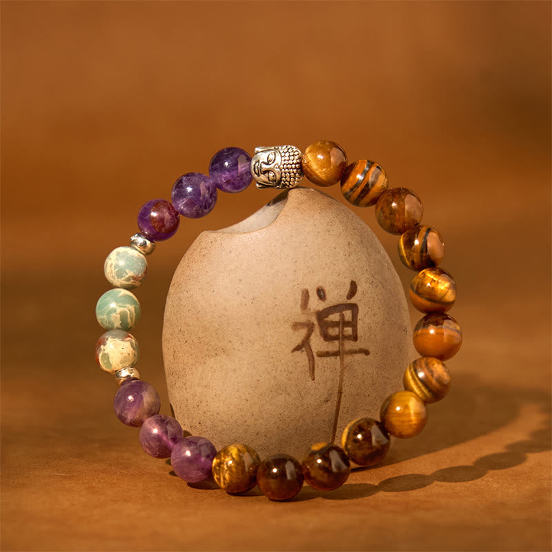 Pulsera de protección para cabeza de Buda de colores variados con Buddha Stones, ónix negro natural, piedra blanca, aventurina verde, ojo de tigre y ágata